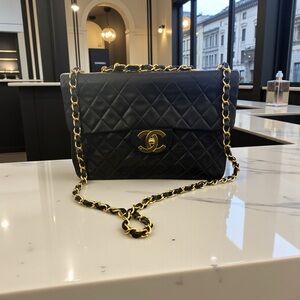 Vintage 1990 Chanel Black Quilted Jumbo Classic Flap, 24k Gold Plated Hardware